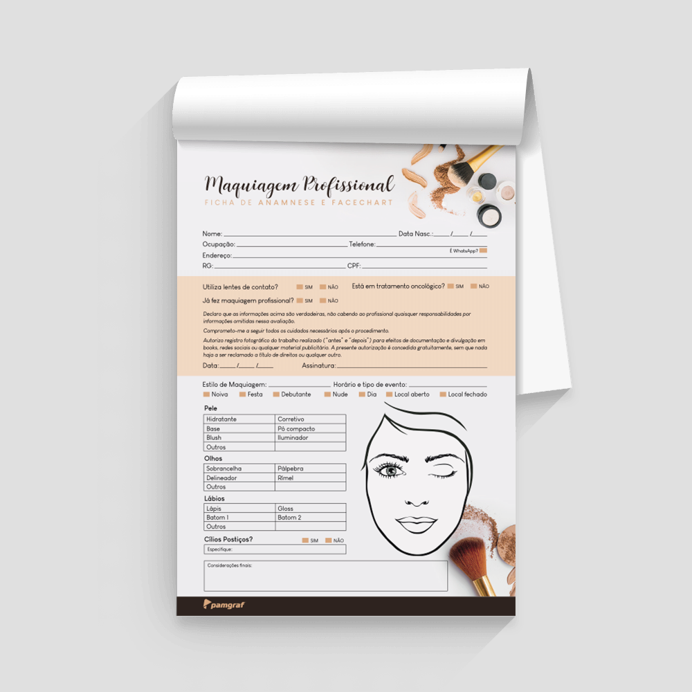 Ficha Anamnese de Maquiagem Profissional Bloco com 100 Folhas