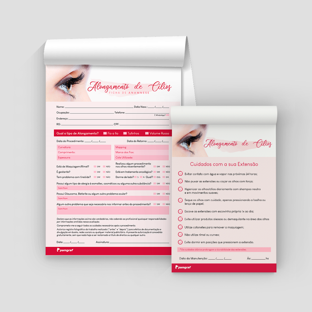 Kit Ficha Anamnese de Alongamento de Cílios + Bloco Cuidados com 100 Folhas