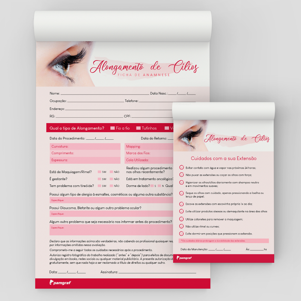 Kit Ficha Anamnese de Alongamento de Cílios + Bloco Cuidados com 100 Folhas