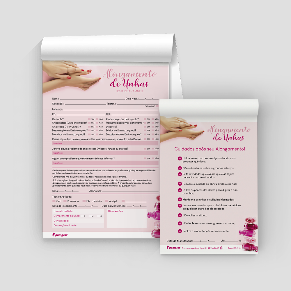 Kit Ficha Anamnese de Alongamento de Unhas + Bloco Cuidados com 100 Folhas