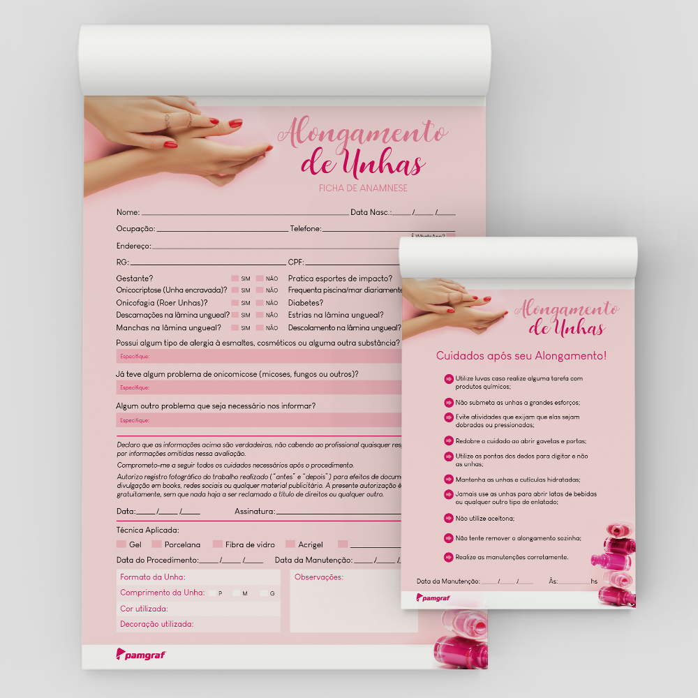 Kit Ficha Anamnese de Alongamento de Unhas + Bloco Cuidados com 100 Folhas