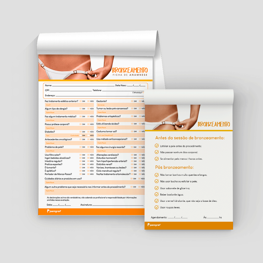 Kit Ficha Anamnese de Bronzeamento + Bloco Cuidados com 100 Folhas