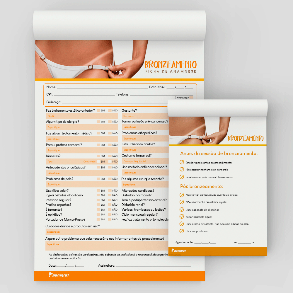 Kit Ficha Anamnese de Bronzeamento + Bloco Cuidados com 100 Folhas