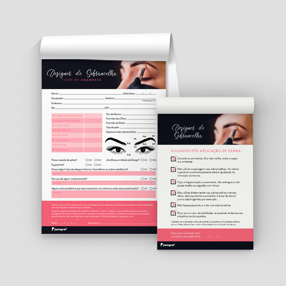Kit Ficha Anamnese de Designer de Sobrancelha + Bloco Cuidados com 100 Folhas