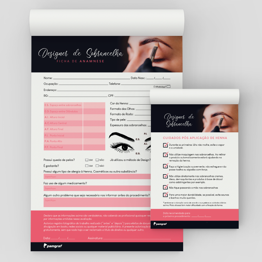 Kit Ficha Anamnese de Designer de Sobrancelha + Bloco Cuidados com 100 Folhas