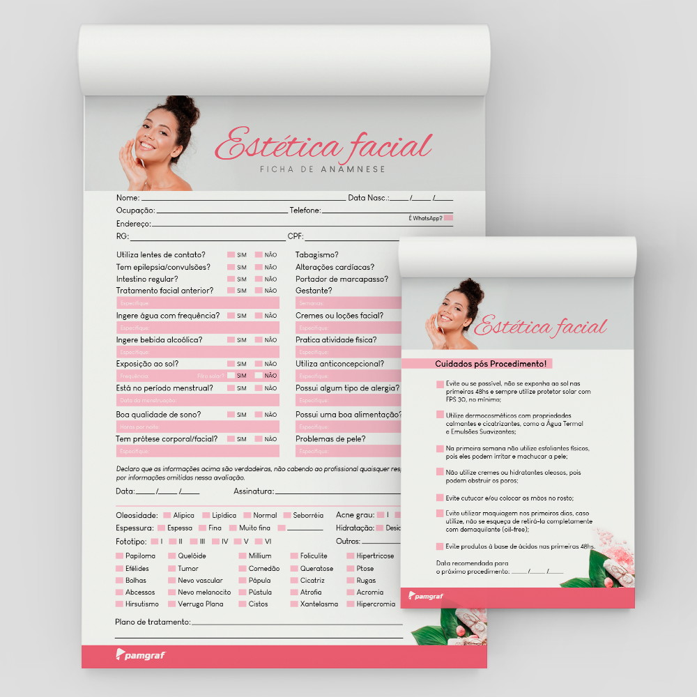 Kit Ficha Anamnese de Estética Facial Bloco + Bloco Cuidados com 100 Folhas