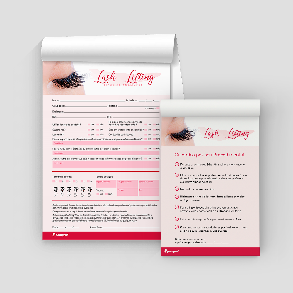 Kit Ficha Anamnese de Lash Lifting + Bloco Cuidados com 100 Folhas