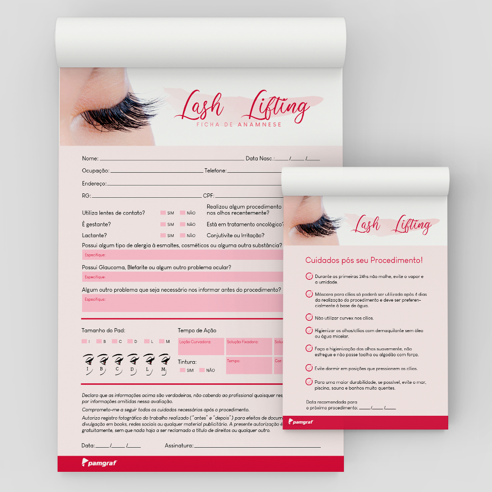 Kit Ficha Anamnese de Lash Lifting + Bloco Cuidados com 100 Folhas
