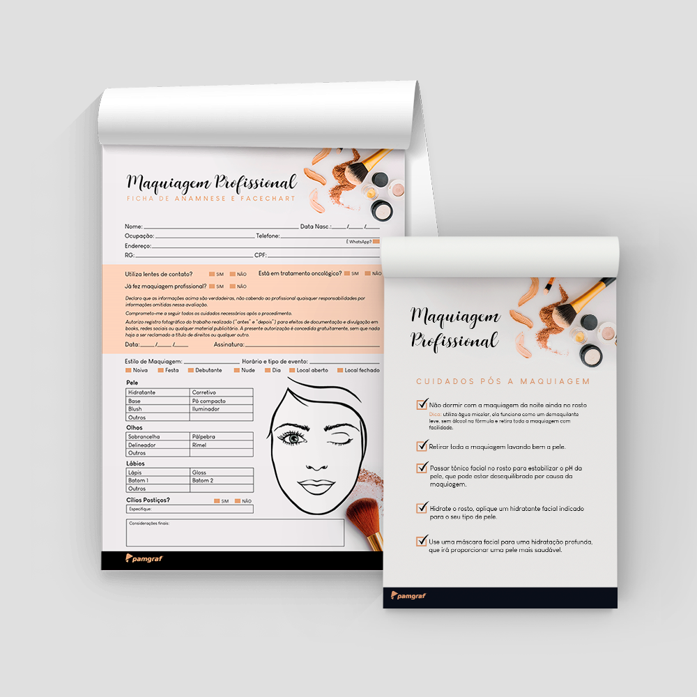 Kit Ficha Anamnese de Maquiagem Profissional + Bloco Cuidados com 100 Folhas