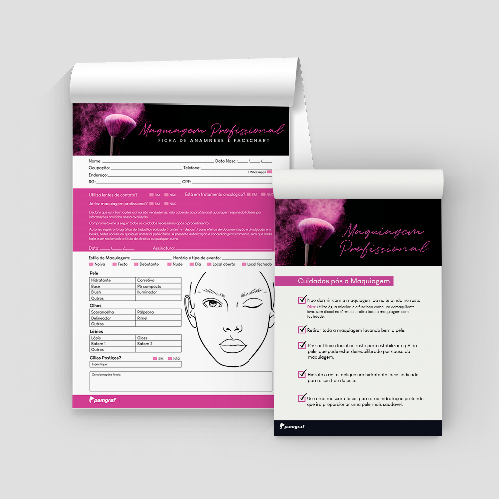 Kit Ficha Anamnese de Maquiagem Profissional + Bloco Cuidados com 100 Folhas