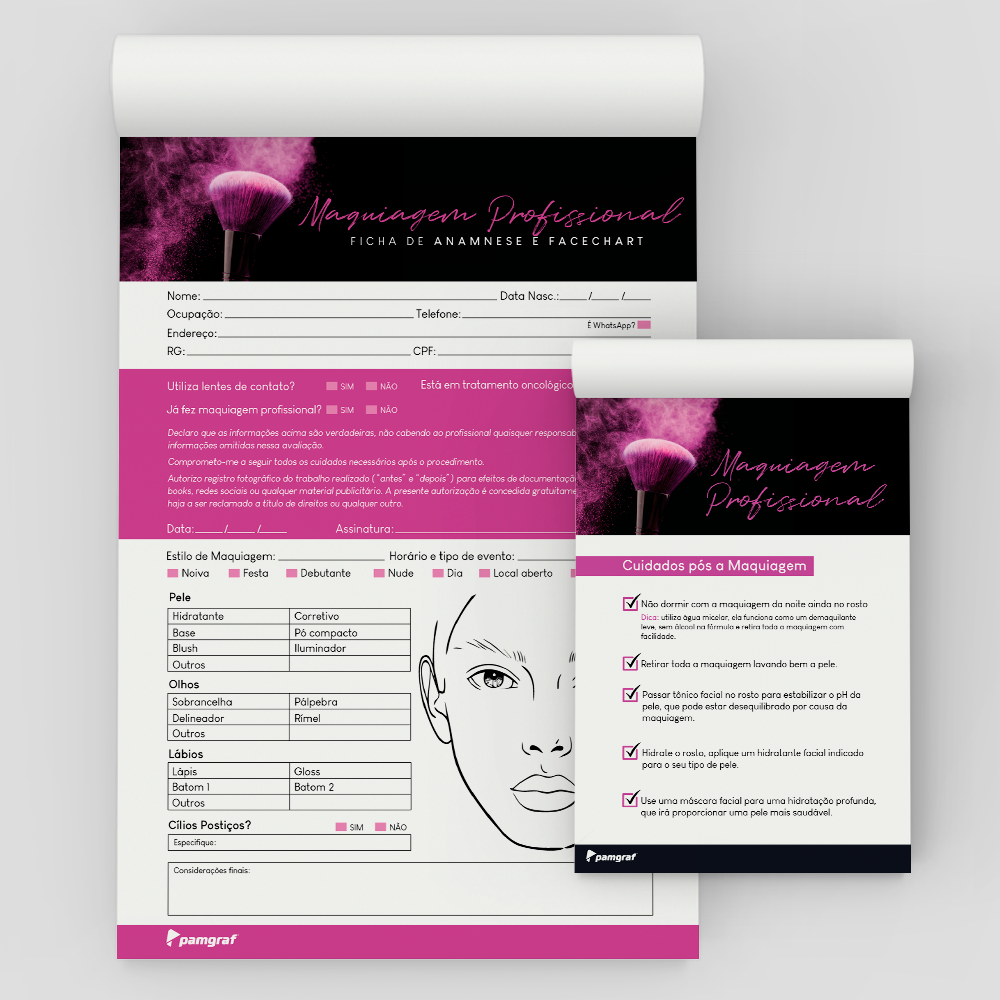 Kit Ficha Anamnese de Maquiagem Profissional + Bloco Cuidados com 100 Folhas