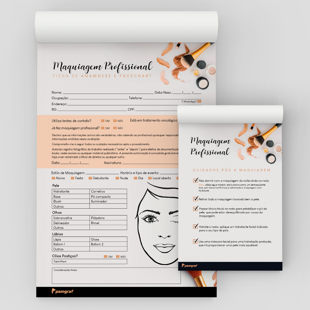 Kit Ficha Anamnese de Maquiagem Profissional + Bloco Cuidados com 100 Folhas