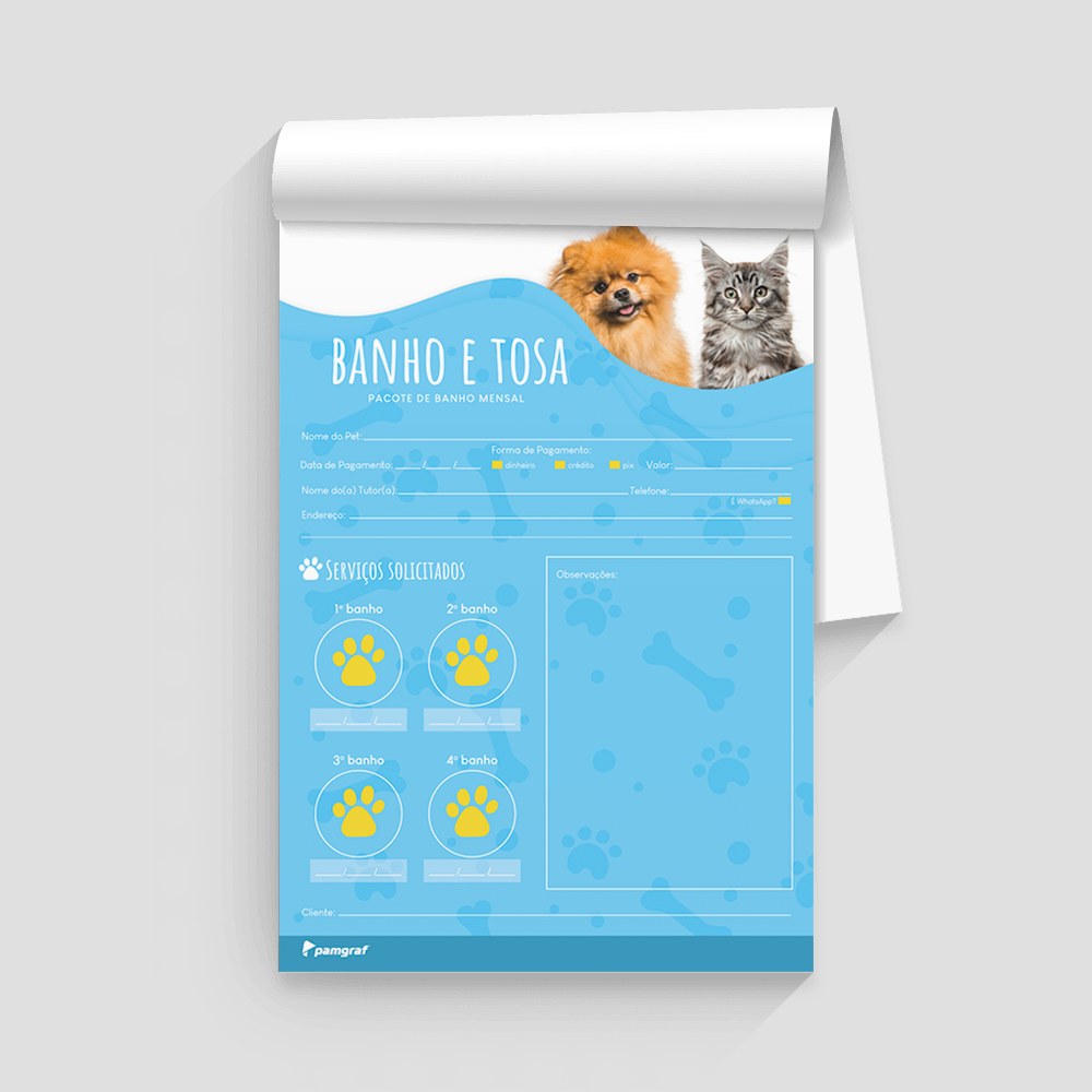 Pacote de Banho Mensal Banho e Tosa Bloco com 100 Folhas