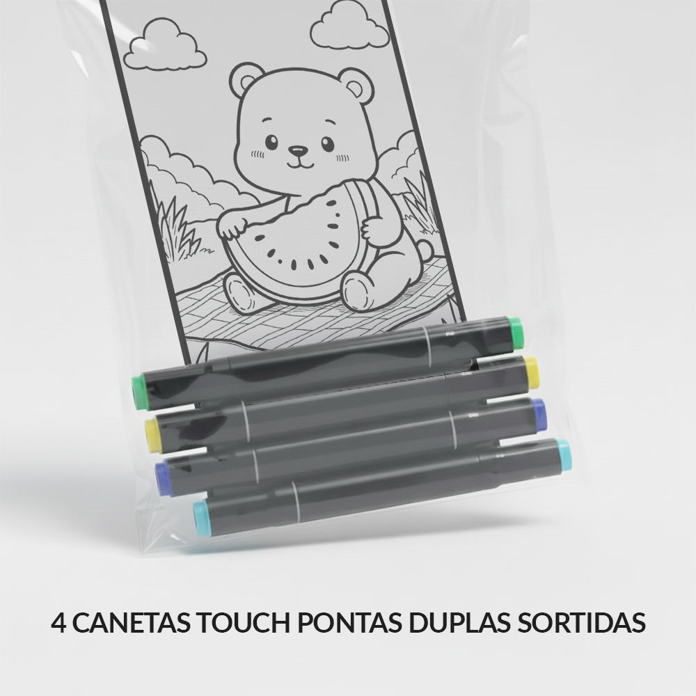 Kit Colorir Festa Com 4 Canetas Marcador Ponta Dupla