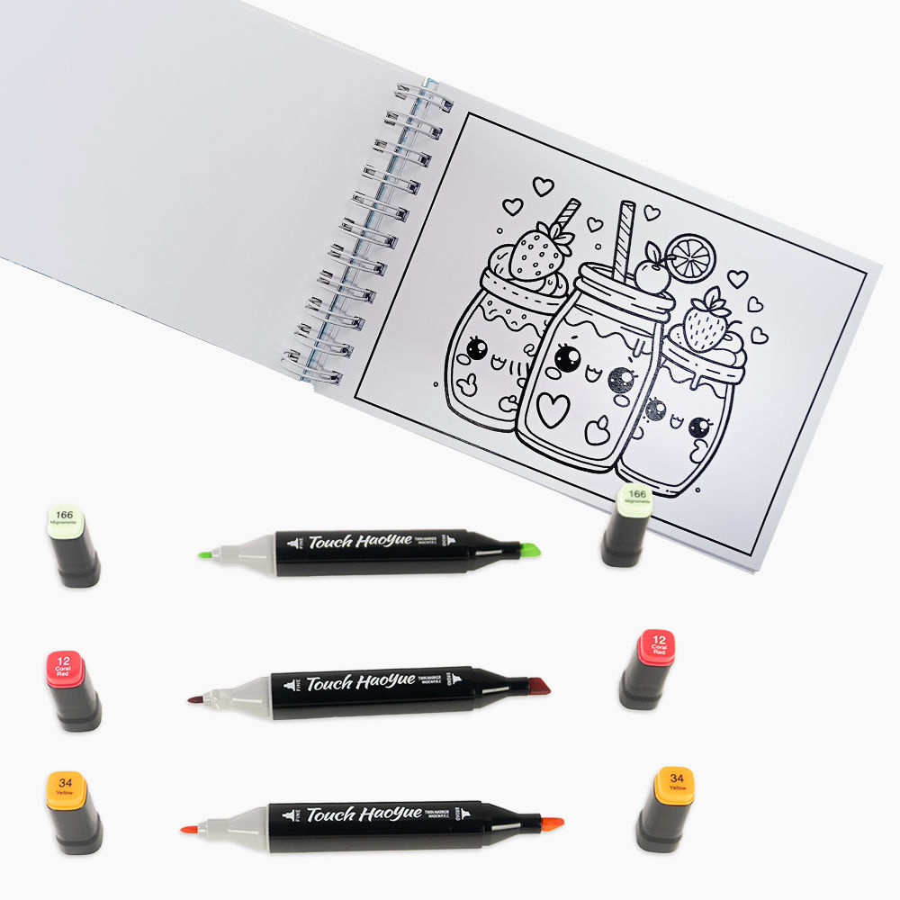 Livro de Colorir A5 - Caderno de Desenho Pintura + Conjunto Caneta Marcador Ponta Dupla 48 Cores