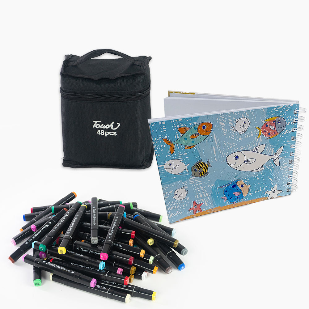 Livro de Colorir A5 - Caderno de Desenho Pintura + Conjunto Caneta Marcador Ponta Dupla 48 Cores