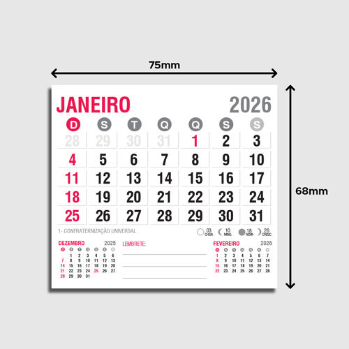 Bloco de Calendário para Postal 2026