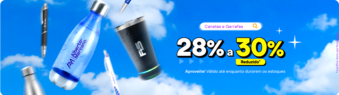 Canetas e Garrafas com até 30% OFF aplicado