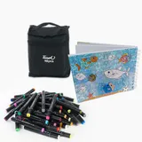 Livro de Colorir A5 - Caderno de Desenho Pintura + Conjunto Caneta Marcador Ponta Dupla 48 Cores