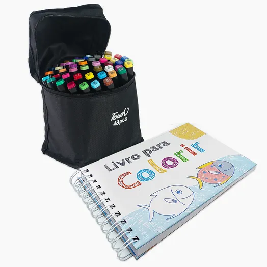 Livro de Colorir Tipo Bobbie Goods + Conjunto Canetas Marcador Ponta Dupla 48 Cores