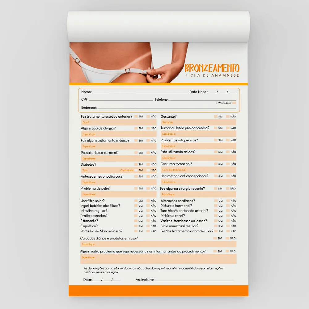 Ficha Anamnese de Bronzeamento Bloco com 100 Folhas