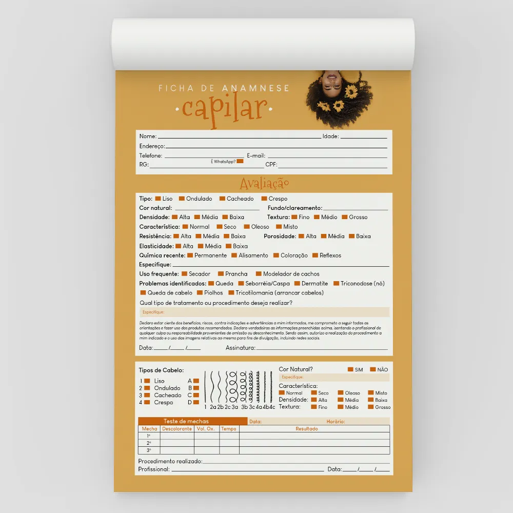Ficha Anamnese de Capilar Bloco com 100 Folhas