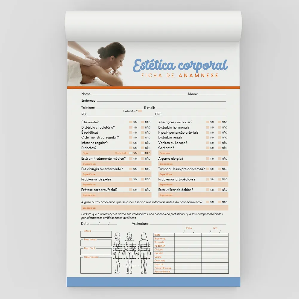 Ficha Anamnese de Estetica Corporal Bloco com 100 Folhas