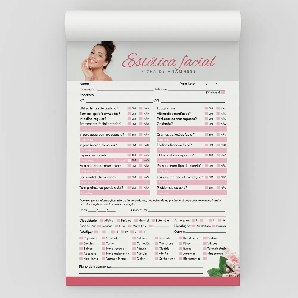 Ficha Anamnese de Estetica Facial Bloco com 100 Folhas