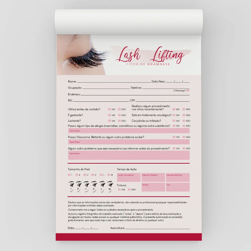 Ficha Anamnese de Lash Lifting Bloco com 100 Folhas