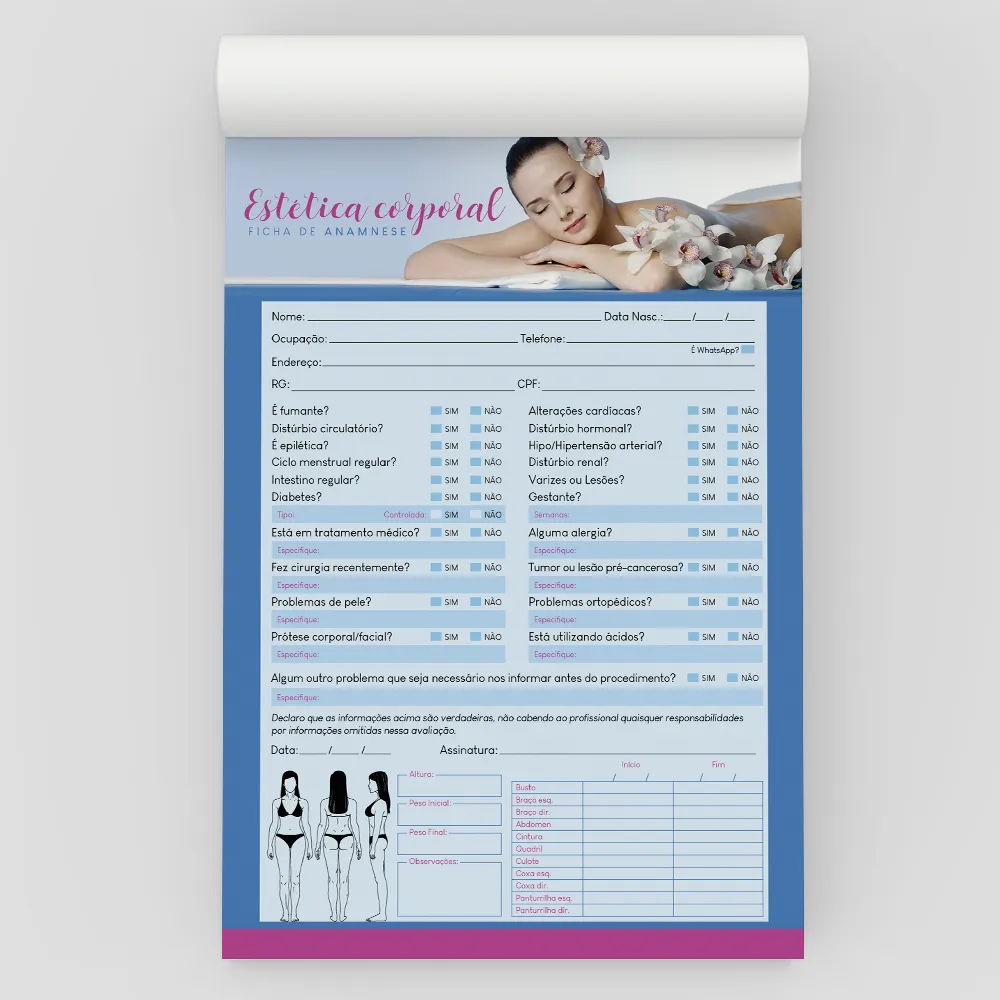 Ficha Anamnese de Estetica Corporal Bloco com 100 Folhas