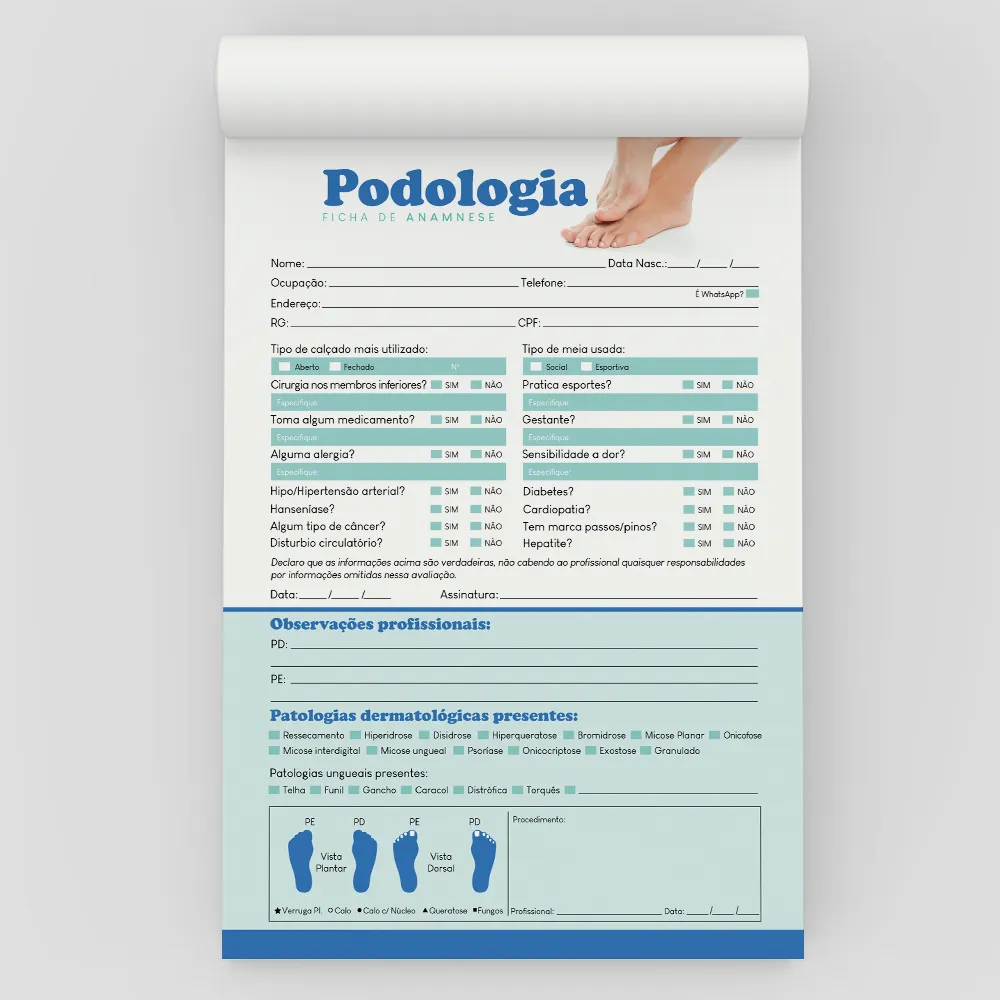 Ficha Anamnese de Podologia Bloco com 100 Folhas