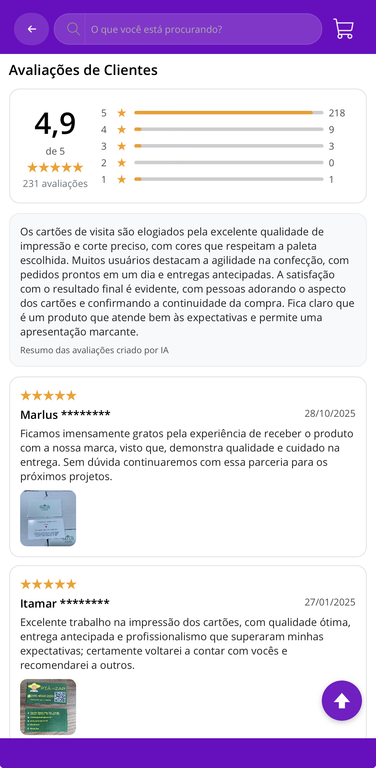 Avaliações de clientes no app