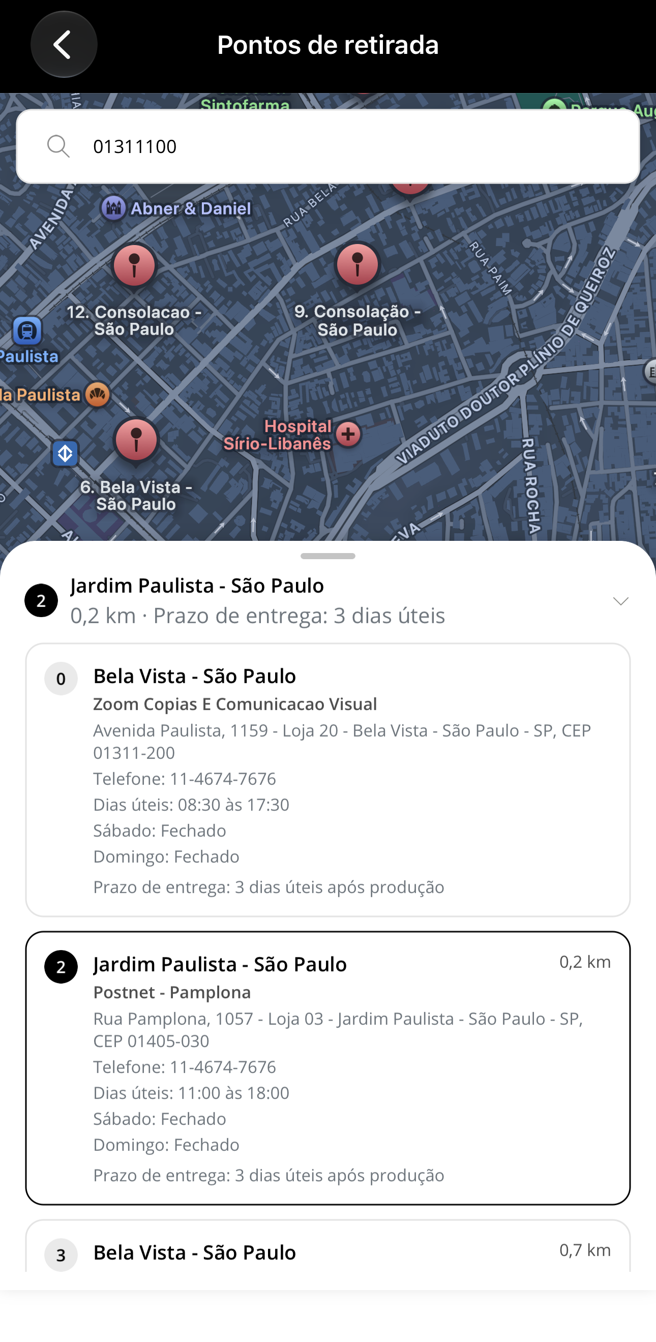 Pontos de retirada no app