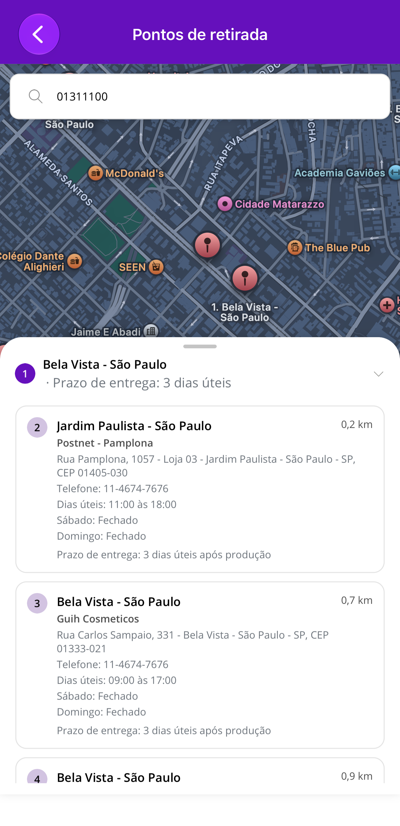 Pontos de retirada no app