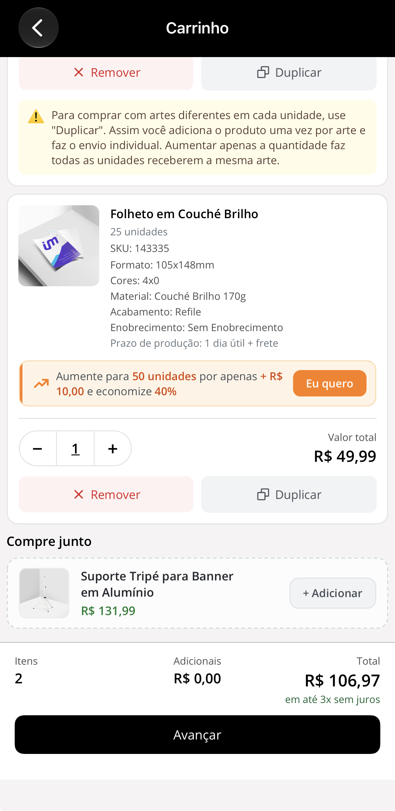 Carrinho no app