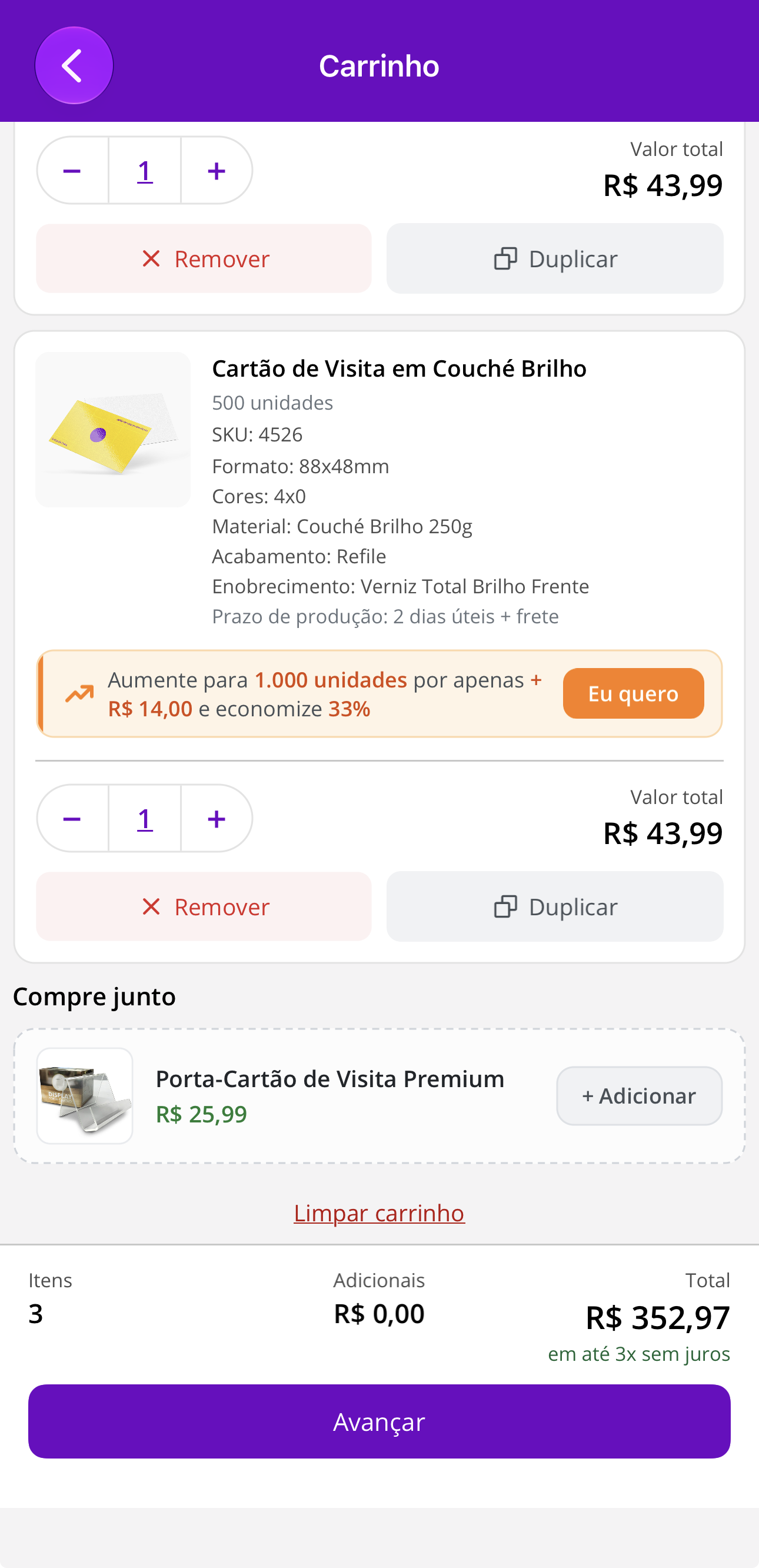 Carrinho no app