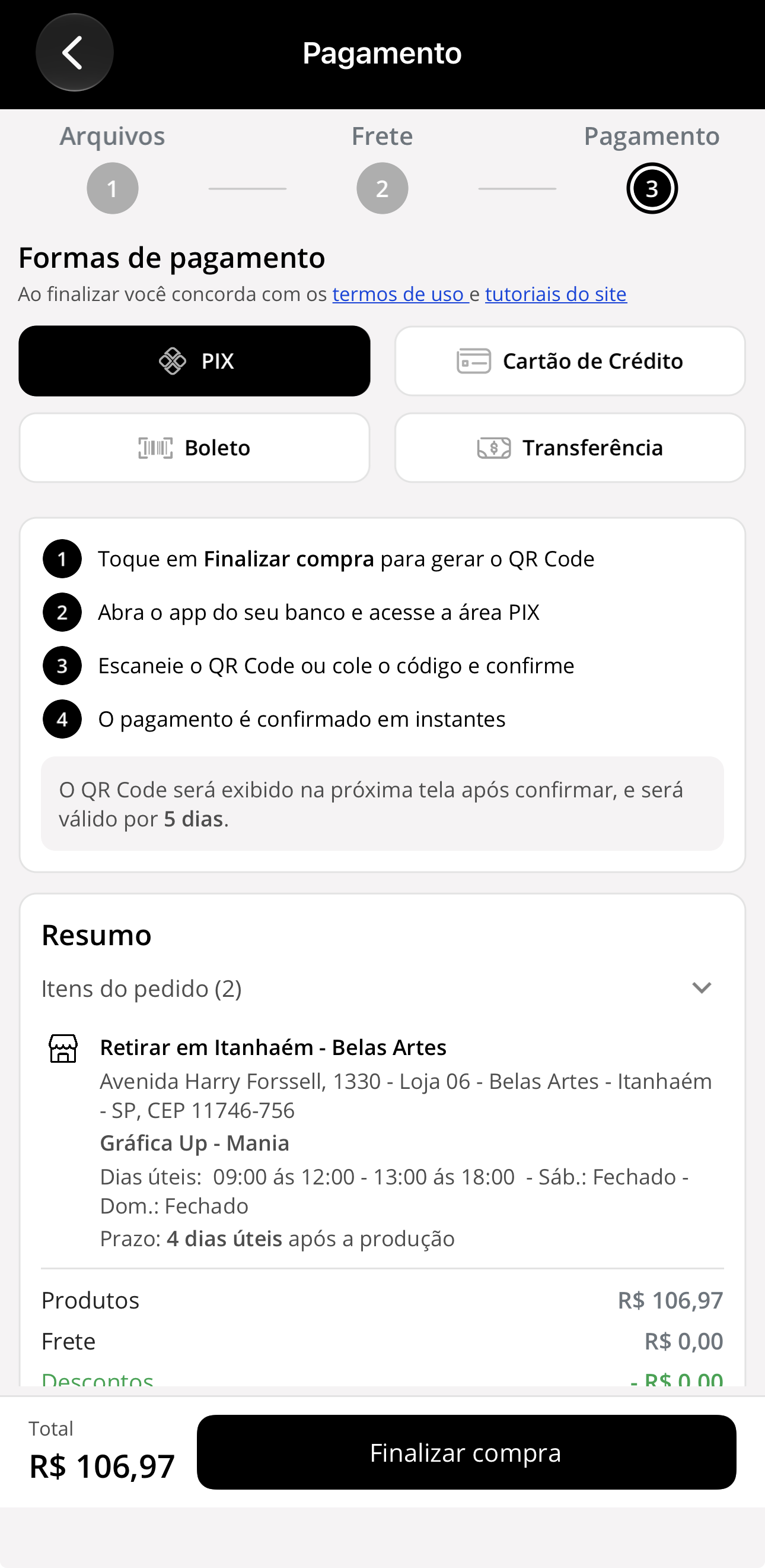 Tela de pagamento