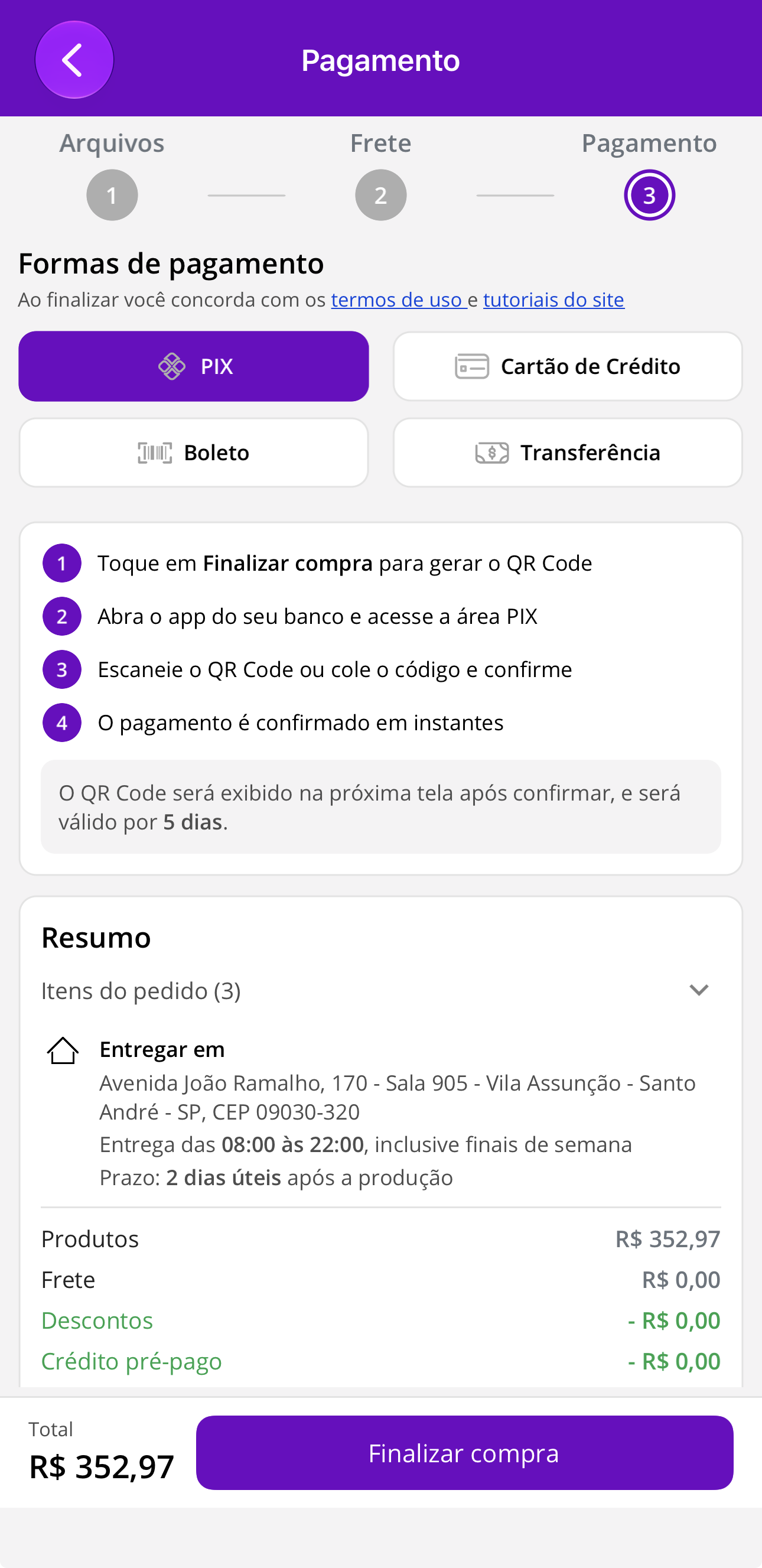 Tela de pagamento