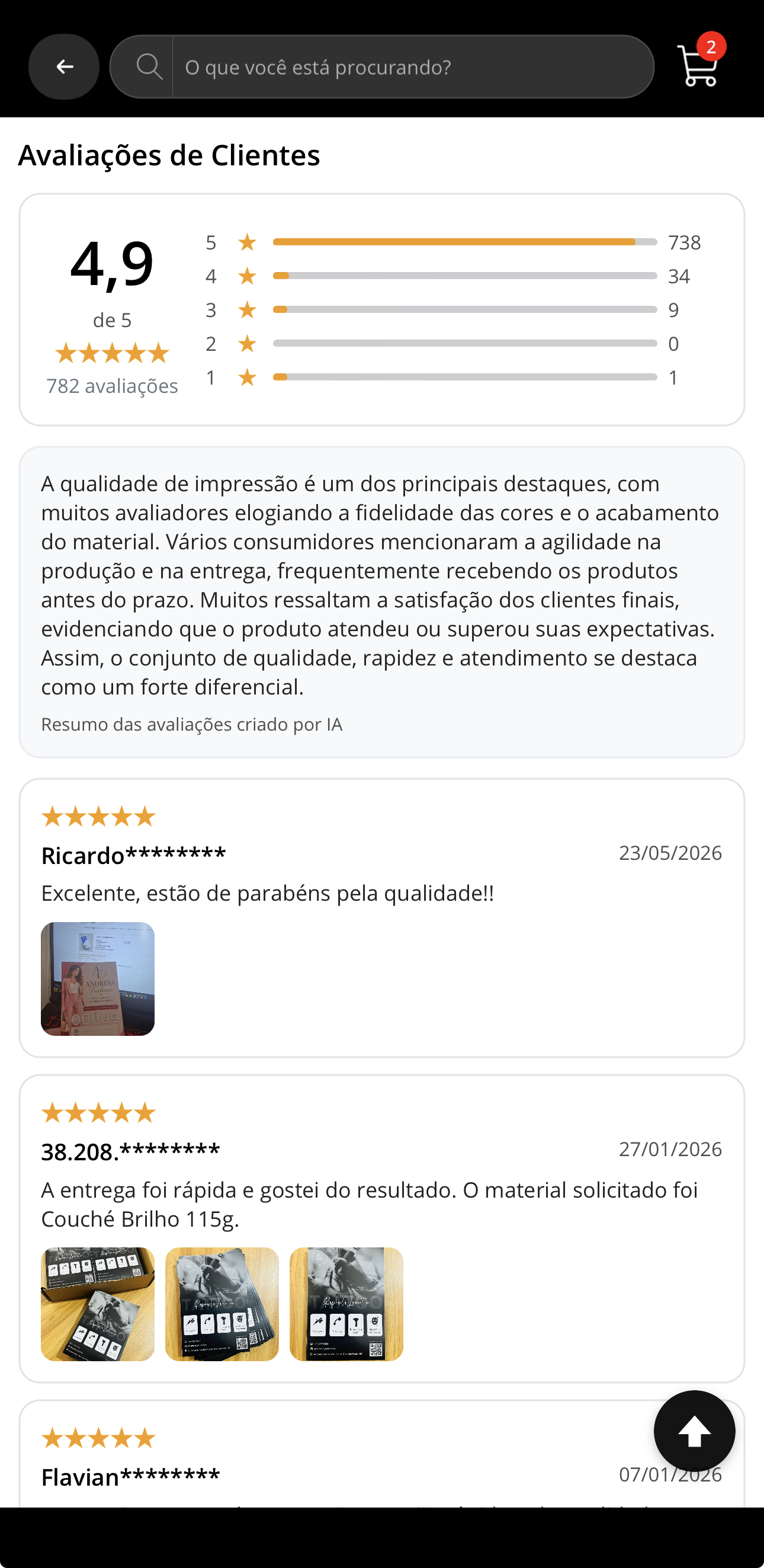 Avaliações de clientes no app