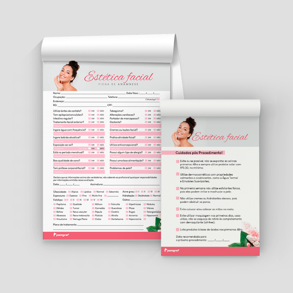 Kit Ficha Anamnese de Estética Facial Bloco + Bloco Cuidados com 100 Folhas